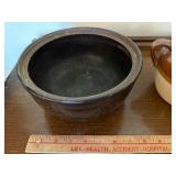 Vintage Stoneware Covered Bean Pot & Crock Lot Brown Ceramic Kitchenware