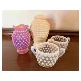 Hobnail Art Glass Lot Pink Vase White Shaker 2 Handled Bowls