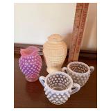Hobnail Art Glass Lot Pink Vase White Shaker 2 Handled Bowls