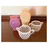 Hobnail Art Glass Lot Pink Vase White Shaker 2 Handled Bowls