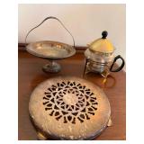 Vintage Housewares Lot Teapot Trivet Silverplate Compote Decor