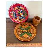 Vintage Hand Painted Wood Plates & Turned Cup Folk Art Decor Lot