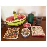 Watermelon Ceramic Basket Decor Lot w/ Coasters Napkins Tile Candles