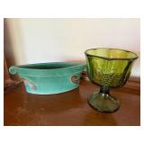 Vintage Art Pottery Bowl & Green Pressed Glass Compote Lot 2