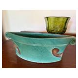 Vintage Art Pottery Bowl & Green Pressed Glass Compote Lot 2