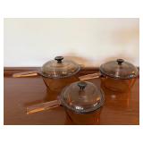 Vintage Amber Glass Saucepan Set of 3 with Lids Brown Tinted Cookware