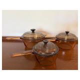 Vintage Amber Glass Saucepan Set of 3 with Lids Brown Tinted Cookware