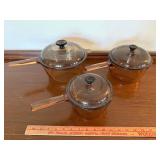 Vintage Amber Glass Saucepan Set of 3 with Lids Brown Tinted Cookware