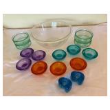 Mixed Art Glass Bowl & Candle Holder Lot 16 Pc Colorful Serving Set