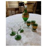 Vintage Green Glass Cordial Set Decanter 6 Glasses Gilt Floral