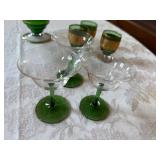 Vintage Green Glass Cordial Set Decanter 6 Glasses Gilt Floral