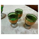 Vintage Green Glass Cordial Set Decanter 6 Glasses Gilt Floral