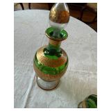 Vintage Green Glass Cordial Set Decanter 6 Glasses Gilt Floral