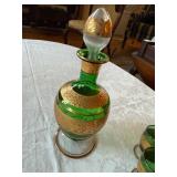 Vintage Green Glass Cordial Set Decanter 6 Glasses Gilt Floral