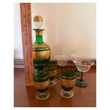 Vintage Green Glass Cordial Set Decanter 6 Glasses Gilt Floral