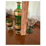 Vintage Green Glass Cordial Set Decanter 6 Glasses Gilt Floral