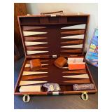Vintage Backgammon Game Set Brown Case w Dice Cups Checkers Rules