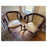 Classical Style Carved Wood Armchair & Rocker Pair Upholstered