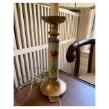 Pair Vintage Asian Style Floral Brass Tone Table Lamps w Shades 28in