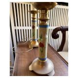 Pair Vintage Asian Style Floral Brass Tone Table Lamps w Shades 28in
