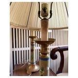 Pair Vintage Asian Style Floral Brass Tone Table Lamps w Shades 28in