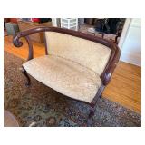 Empire Style Carved Wood Upholstered Settee Bench Scroll Arms