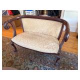 Empire Style Carved Wood Upholstered Settee Bench Scroll Arms