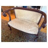 Empire Style Carved Wood Upholstered Settee Bench Scroll Arms