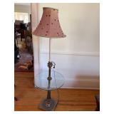 Vintage Brass Tone Floor Lamp w Glass Table Pink Embroidered Shade