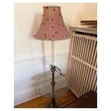 Vintage Brass Tone Floor Lamp w Glass Table Pink Embroidered Shade