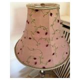 Vintage Brass Tone Floor Lamp w Glass Table Pink Embroidered Shade