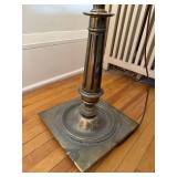 Vintage Brass Tone Floor Lamp w Glass Table Pink Embroidered Shade