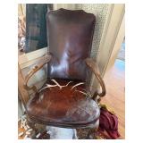 Antique Leather Upholstered Armchair Nailhead Trim Wood Frame Repair