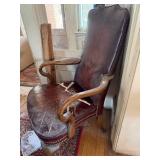 Antique Leather Upholstered Armchair Nailhead Trim Wood Frame Repair