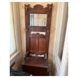 Antique Oak Hall Tree Bench Mirror Coat Rack Brass Hooks Storage