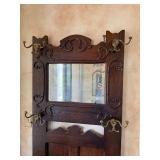 Antique Oak Hall Tree Bench Mirror Coat Rack Brass Hooks Storage