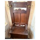 Antique Oak Hall Tree Bench Mirror Coat Rack Brass Hooks Storage
