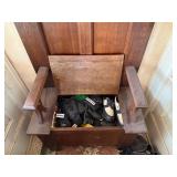 Antique Oak Hall Tree Bench Mirror Coat Rack Brass Hooks Storage