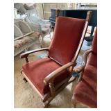 Pair Oak Platform Rocking Chairs Red Velvet Upholstery Antique Style