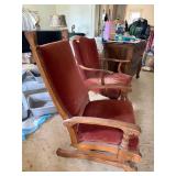 Pair Oak Platform Rocking Chairs Red Velvet Upholstery Antique Style