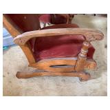 Pair Oak Platform Rocking Chairs Red Velvet Upholstery Antique Style