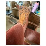 Pair Oak Platform Rocking Chairs Red Velvet Upholstery Antique Style