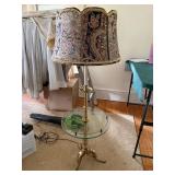 Vintage Brass Tone Floor Lamp w Glass Table Paisley Shade Pull Chain