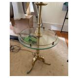 Vintage Brass Tone Floor Lamp w Glass Table Paisley Shade Pull Chain