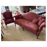 Camelback Sofa & Wingback Chair Set Red Floral Upholstery Good