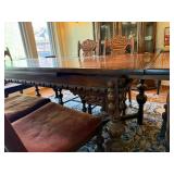 Vintage Jacobean Revival Dining Table Set 6 Chairs 2 Self-Storing Leaves