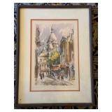 Signed Paris Street Scene Watercolor Framed Sacre Coeur Painting
