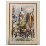 Signed Paris Street Scene Watercolor Framed Sacre Coeur Painting