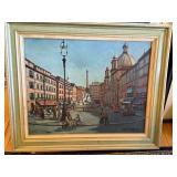 Signed 1983 Framed Oil Painting Italian City Square Scene 22x28
