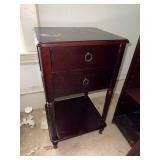 2 Drawer Mahogany Finish End Table Nightstand Fluted Legs Worn Top